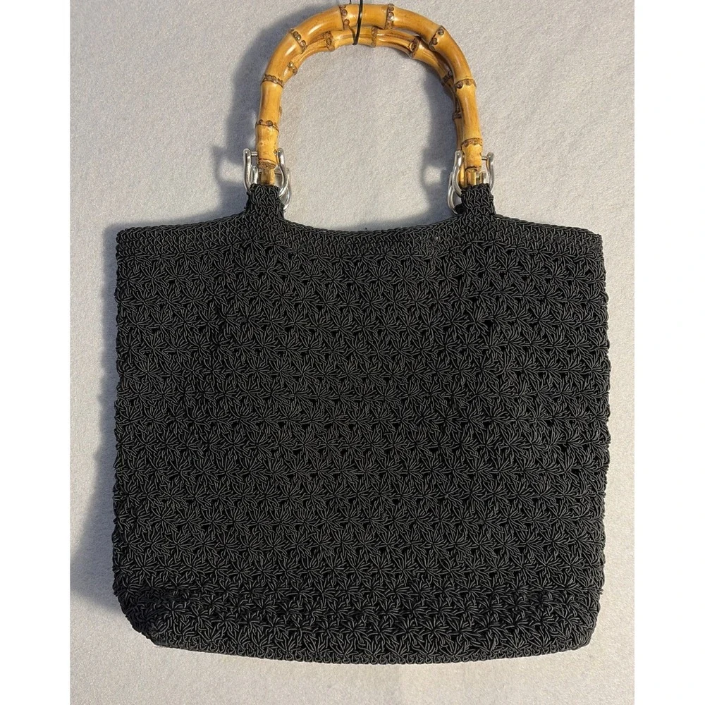 Black Woven Purse With Bamboo Handles, Slouchy Summer Boho